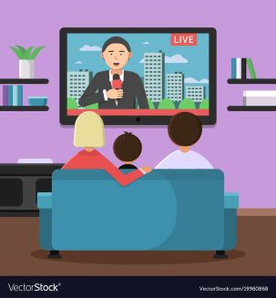 Family couple sitting on sofa and watching news at tv. Vector family sitting and watch news illustration